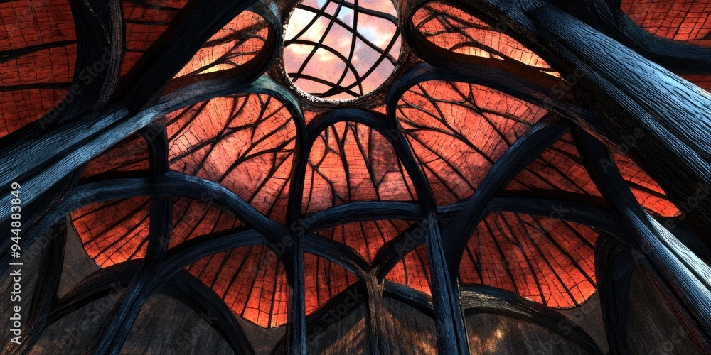Poster 3d rendering of a spider web shaped steel frame roof painted black and thatched with red tiles viewe