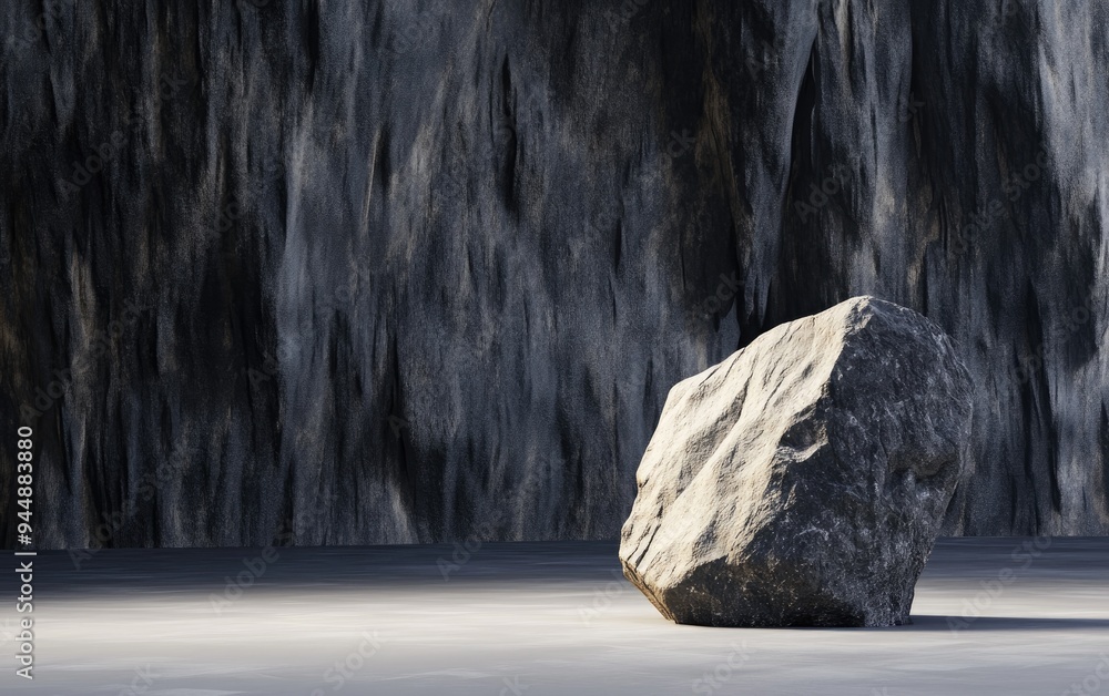 Poster 3d rendering of black copy space adjacent to a rock formation within a cave