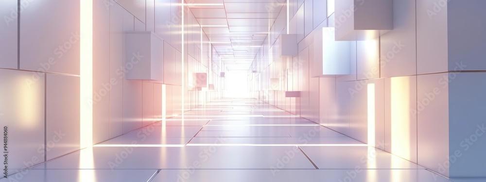 Poster 3d rendering of an abstract background featuring a long corridor with extruded simple shapes and ill