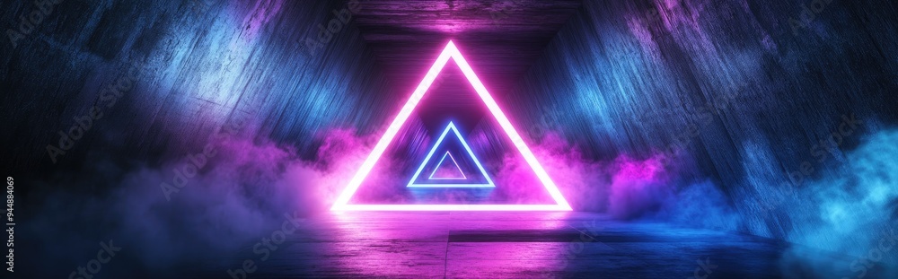 Poster 3d rendering of a vibrant neon glowing triangular structure with smoke fog and fluorescent purple bl