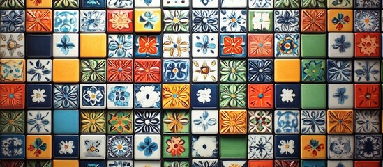 3D rendering of colorful vintage ceramic tile wall decoration and digital tile design