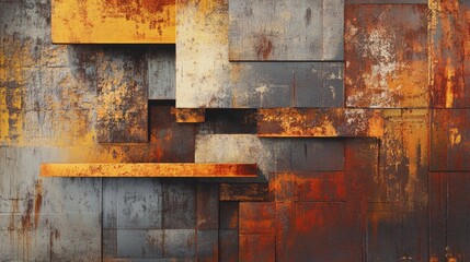 3D rendering of an abstract interior space featuring rusty metal sheets as part of the architectural design