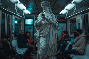 Fototapeta premium Statue holding a smartphone in a crowded subway train during late evening commute