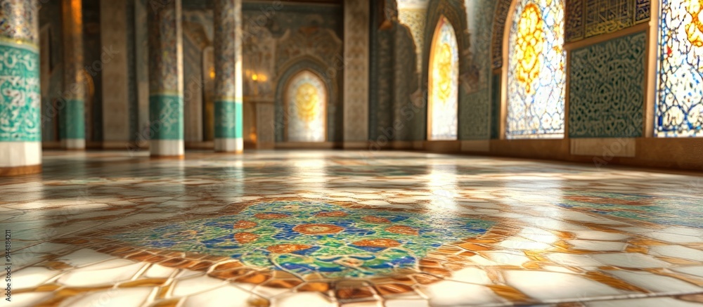 Poster low angle view of a multicolored tile panel featuring 3d rendering wall decoration in a mosque setti