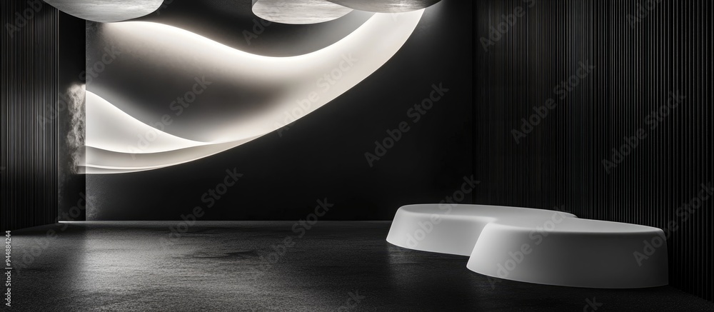 Poster abstract dynamic interior featuring smooth white objects in a black space 3d rendering and illustrat