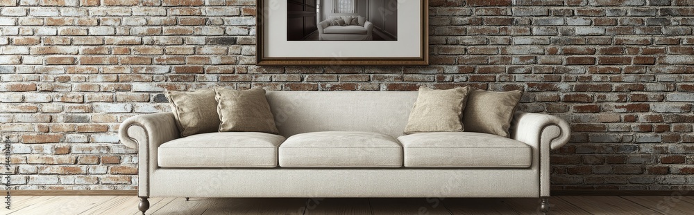 Poster 3d rendering of a luxury sofa against a brick wall background featuring a photo frame illustrating a