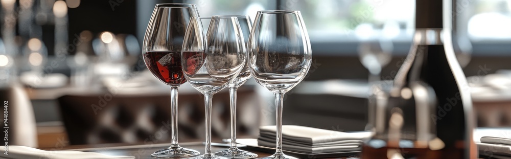 Poster 3d rendering of elegant transparent wine glasses and bottles in a dining setting