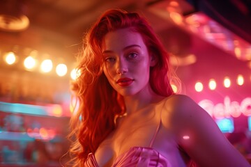 Young woman with vibrant red hair poses confidently in a colorful bar with neon lights during a lively evening