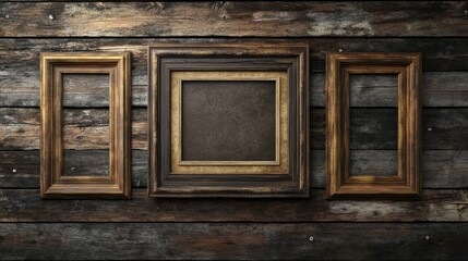 3D rendering of an old picture frame on a rustic wooden wall