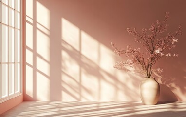 3D rendering of a studio style background wall decoration featuring pink tones enhanced by shadows from a nearby window creating a decorative backdrop concept