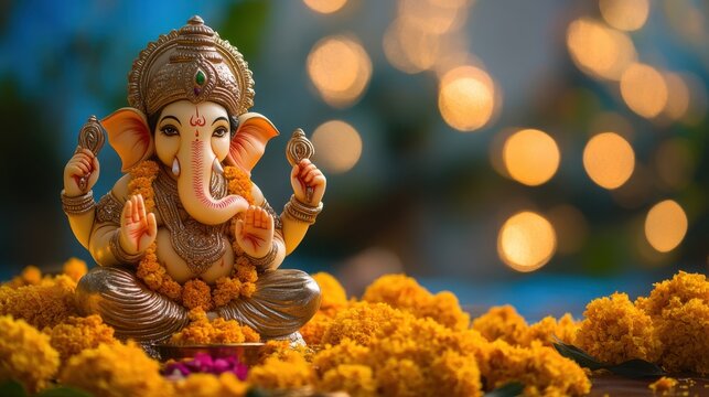 Festive Lord Ganpati idol, beautifully decorated with marigold flowers and diyas, symbolizing the joy of Ganesh Chaturthi.