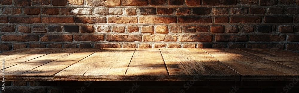 Poster 3d rendering of an empty wooden table against a brick wall with sunlight shadows creating a horizont
