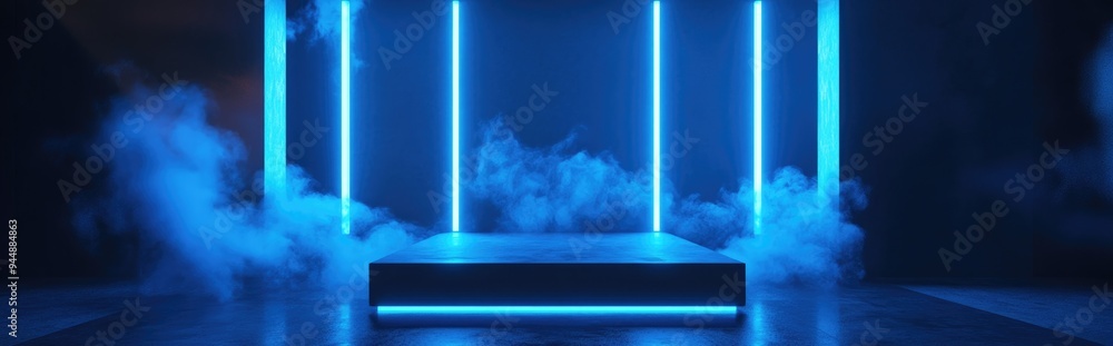 Poster 3d rendering of an empty stage and studio room featuring directional blue neon lights on a transpare