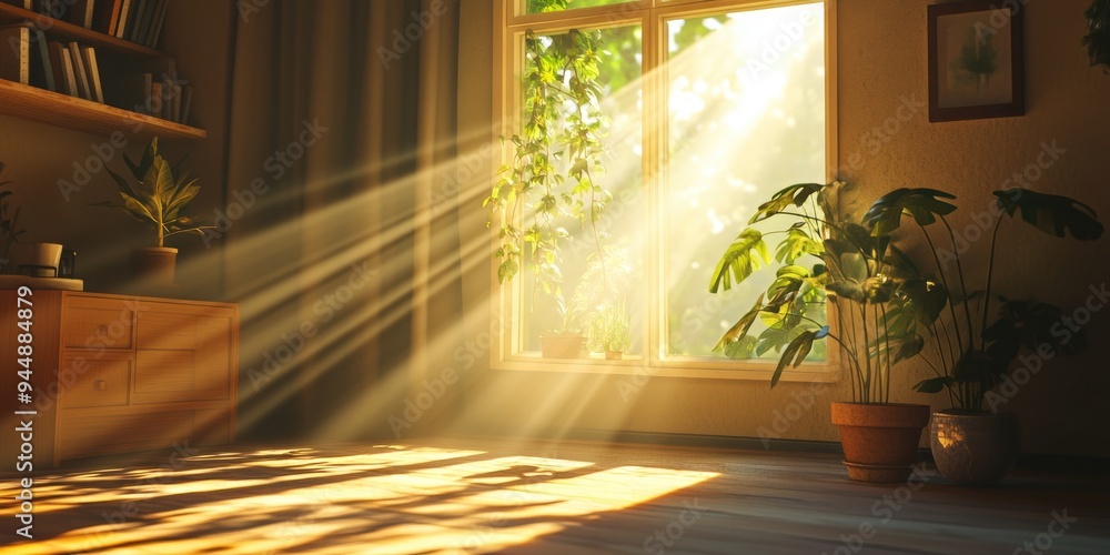 Aufkleber 3d rendering of sunlight streaming through a window in a dimly lit room