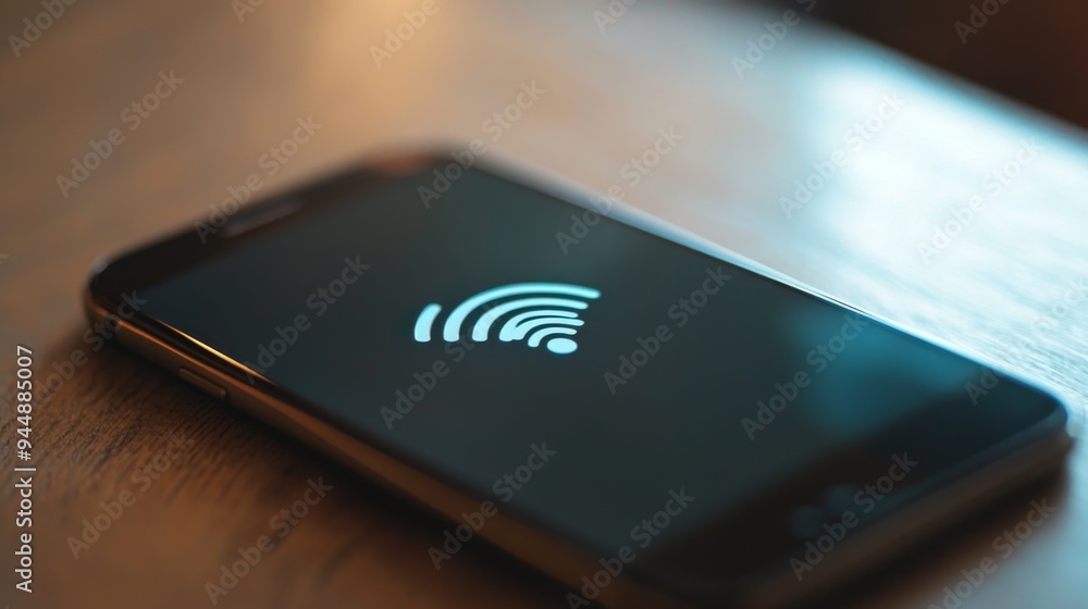 Poster A close-up of a modern smartphone displaying a wireless signal icon, with a focus on the screen and a clean background, showcasing connectivity.