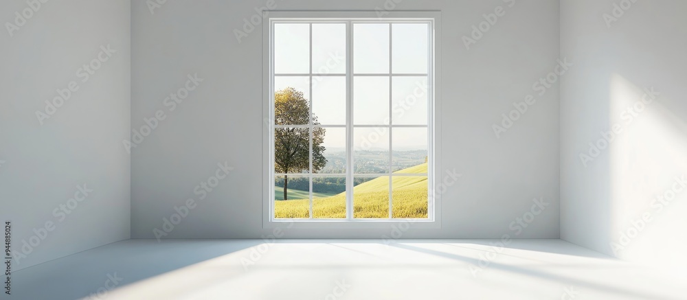 Poster 3d rendering of a white empty room showcasing a summer landscape through the window featuring scandi