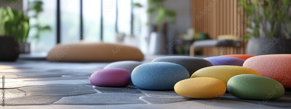 Aufkleber 3d rendering of multi colored pebbles in an interior setting showcasing round colored stones