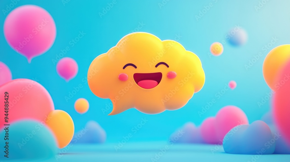 Poster 2d cartoon style rendering featuring a colorful speech bubble with an emoji expressing gratitude
