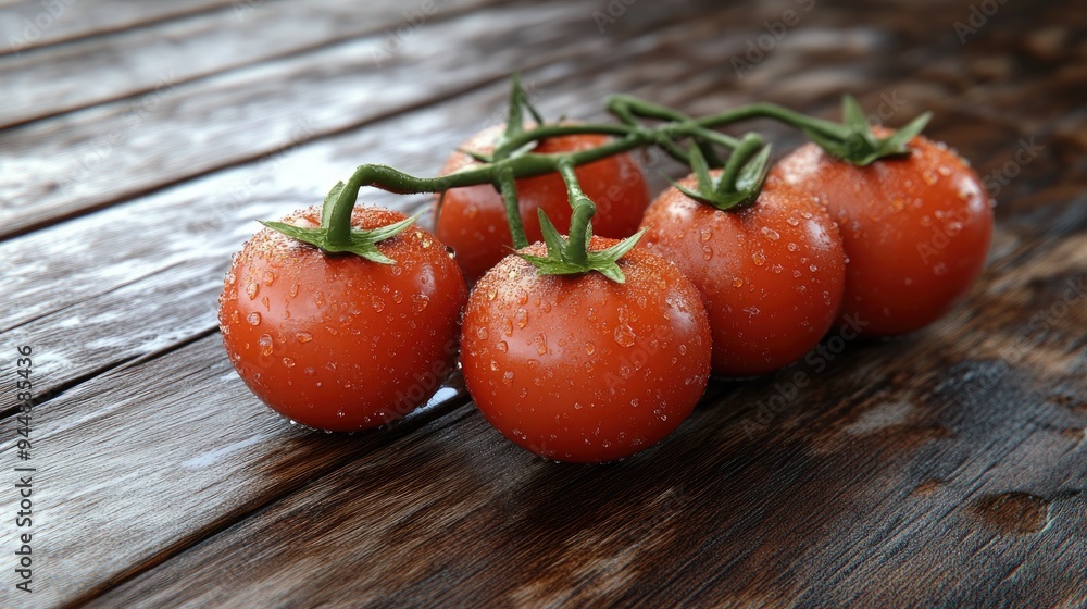 Poster 3d rendering of a branch of tomatoes with water droplets on a wooden surface vertical orientation