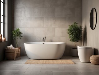 Modern Bathroom with Freestanding Tub, Plants, and Tile Walls