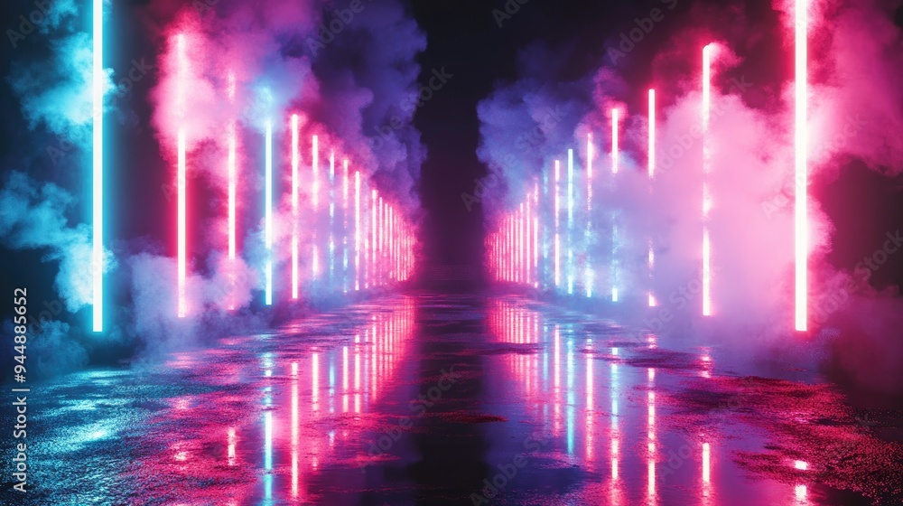 Poster 3d rendering of an empty background scene featuring a dark street reflecting on wet asphalt illumina