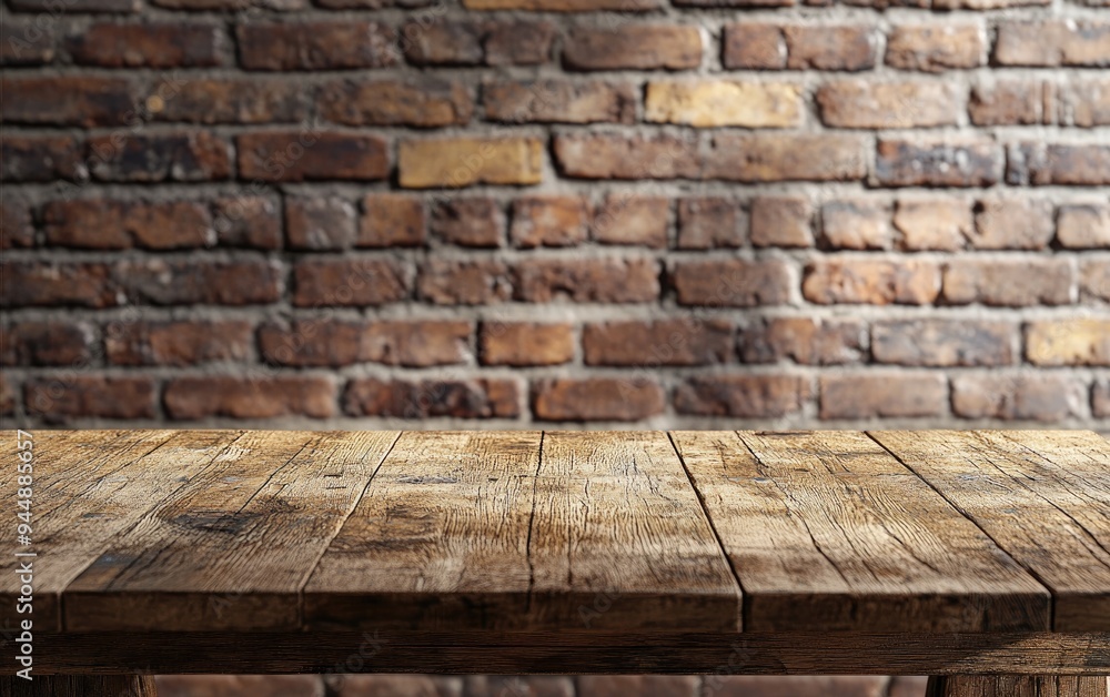 Poster 3d rendering of a wooden table set against a rustic brick wall blur background featuring empty space