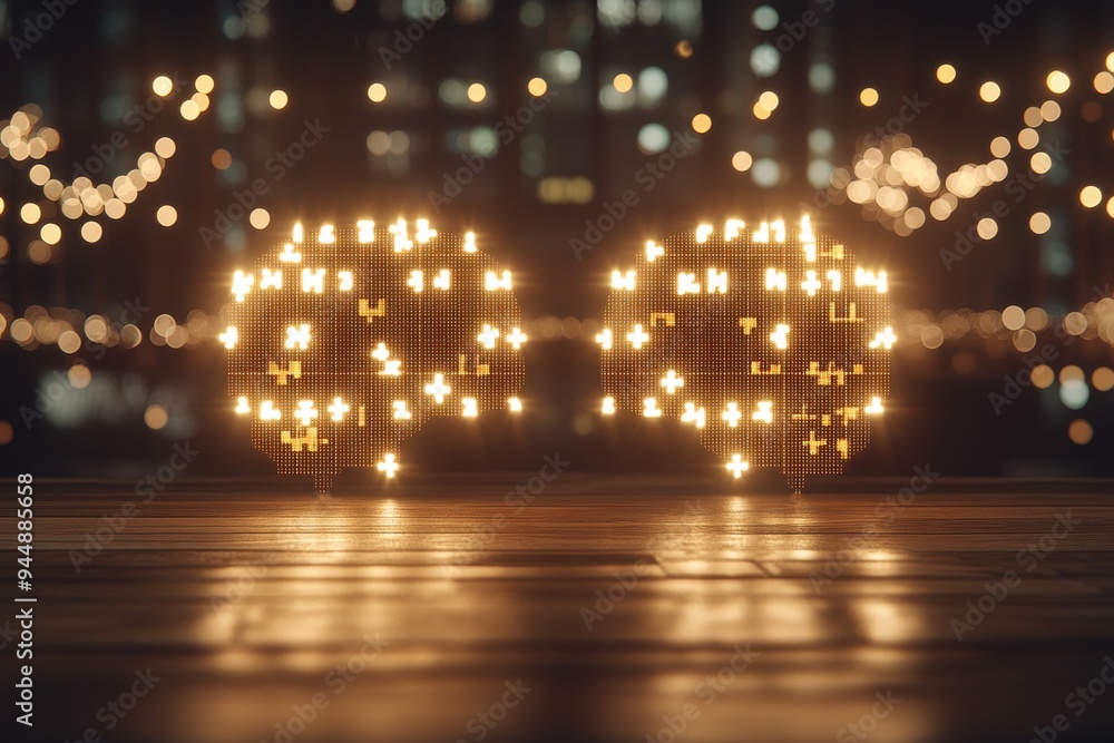 Poster two figures composed of glowing lights facing each other depicting human connection and the power of