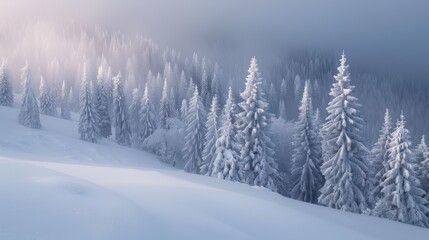 Fototapeta premium Majestic winter forest nestled among towering mountains, blanketed in pristine snow, with tall pine trees and a serene atmosphere, evoking a sense of peace and solitude.