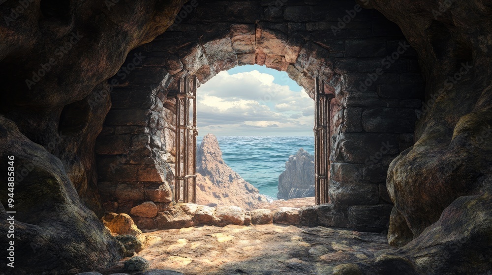 Poster 3d rendering of a view from an iron window in a cave sculpted from ancient rock