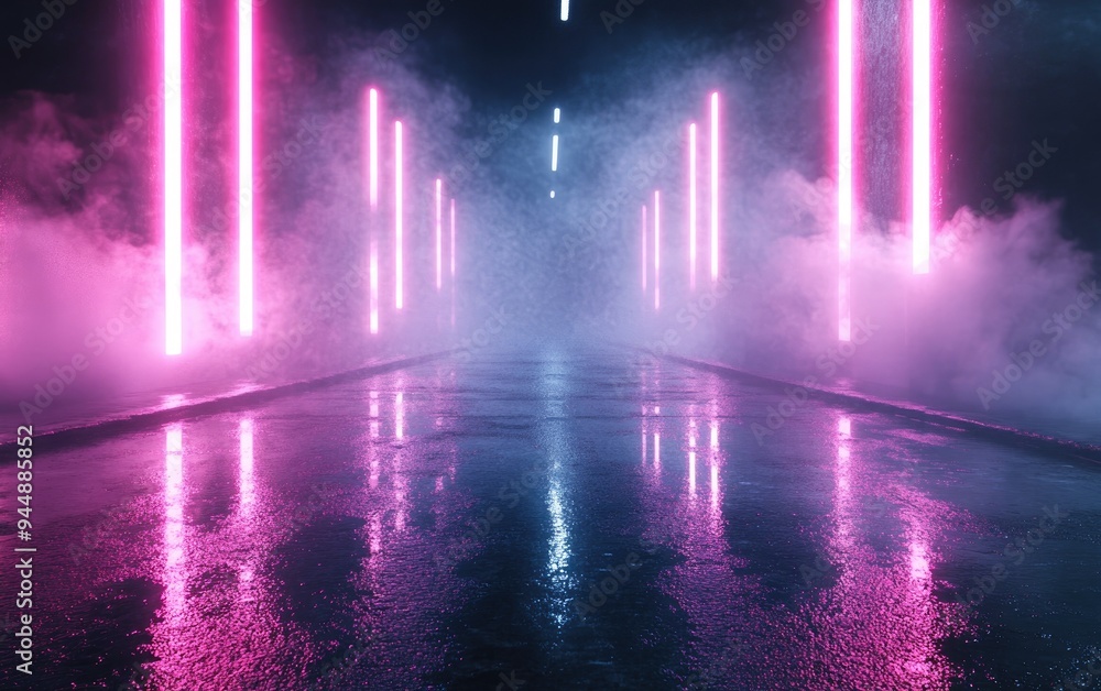 Poster 3d rendering of an empty background scene featuring dark street reflections on wet asphalt with neon