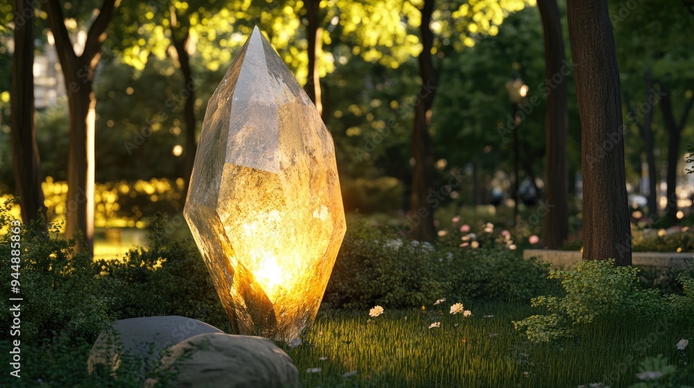 Poster 3d rendering of a crystal shaped lamp in a park setting