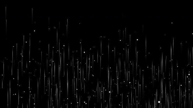 Vertical abstract lines with small dots falling on a black background, overlayed with the MicrostockPlus logo in the foreground. Minimalist and futuristic visual design. High quality 4k footage