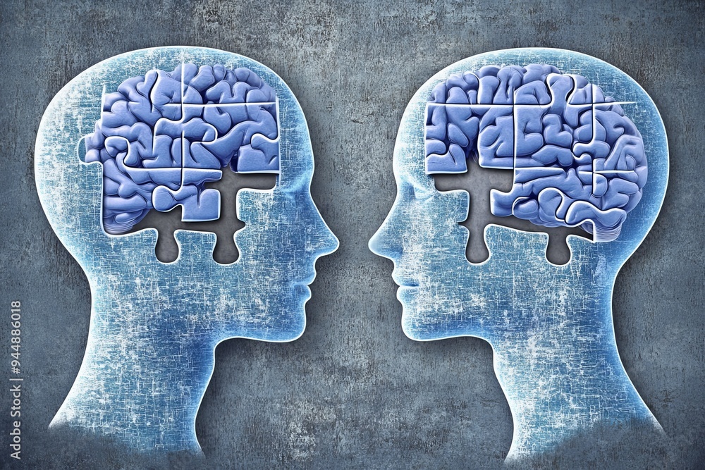 Poster Blue Puzzle Heads Facing Each Other Depicting the Contrast Between Different Cognitive Approaches and Thought Processes