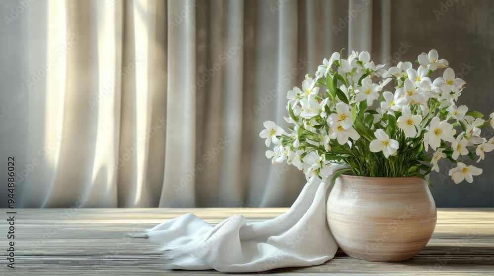 Poster 3d rendering of a composition featuring spring flowers in a pot placed on a wooden table adorned wit