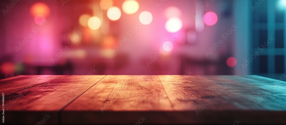 Poster 3d rendering of a wooden kitchen table background with a blurred clean abstract interior and bokeh e