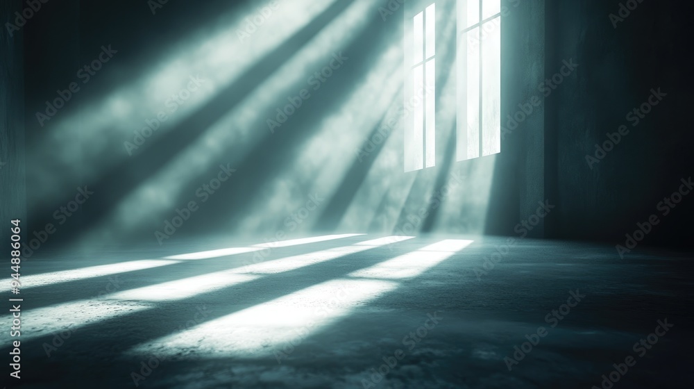 Poster 3D rendering of an empty scene in a dark room featuring shadows and rays of light Abstract background with bokeh effect capturing a nighttime atmosphere with intricate lighting