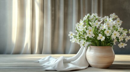 3D rendering of a composition featuring spring flowers in a pot placed on a wooden table adorned with a cloth and set against a curtain backdrop