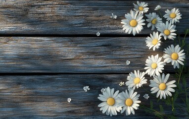Obraz premium 3D rendering of daisy flowers on a rustic wooden surface creating floral backgrounds