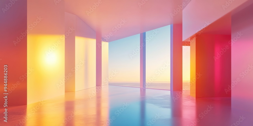 Poster abstract interior featuring a smooth gradient in white and colors with a window 3d rendering and ill