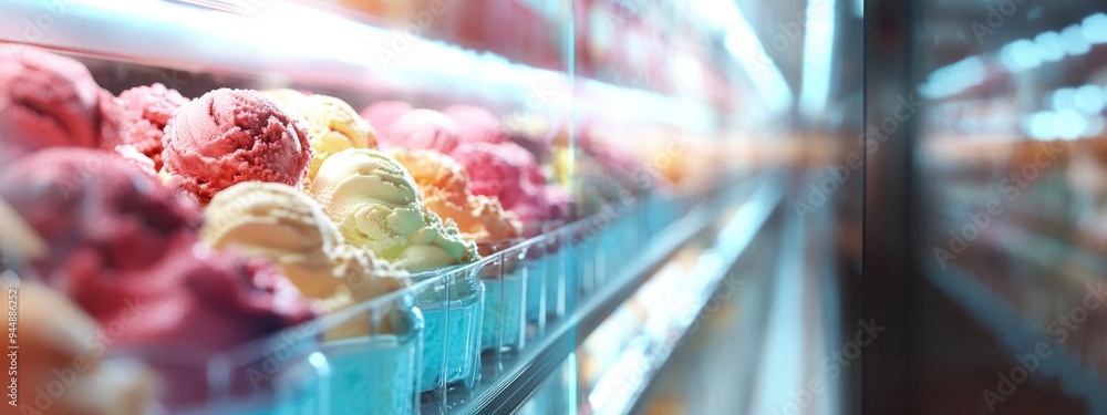 Aufkleber 3d rendering of blurred ice cream in a refrigerator at a store