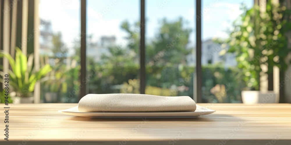 Poster 3d rendering of a cloth napkin on a wooden table with a glass window backdrop for product display de