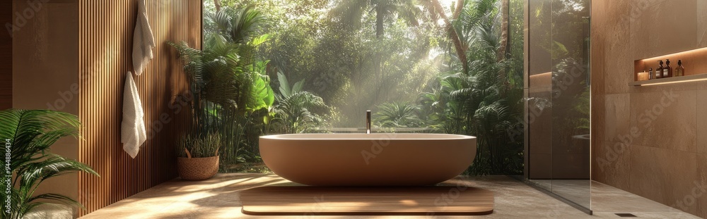 Poster 3D Rendering of a Bathroom Architectural Design in Neutral Tones with a Rainforest Background