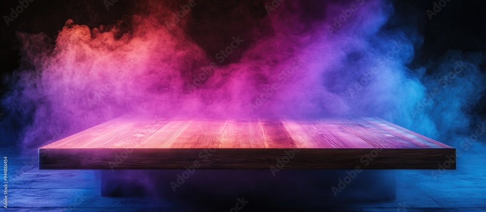 Poster 3D rendering of an empty wooden table with smoke rising against a dark background providing space for product display