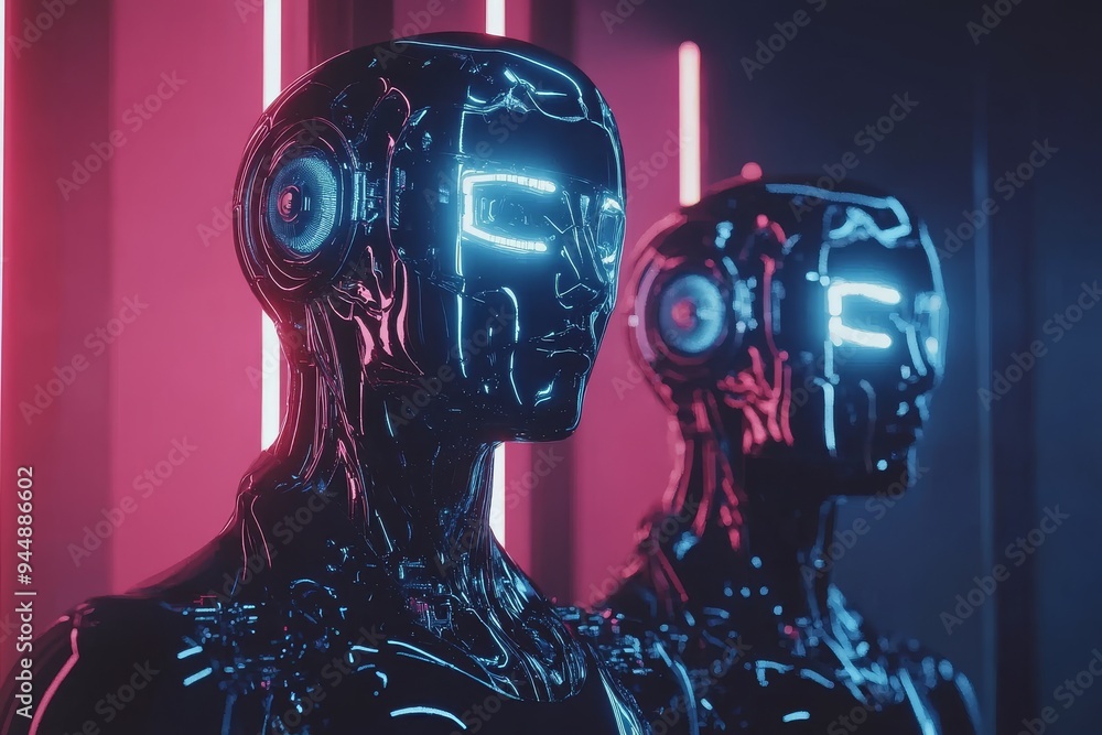 Aufkleber robotic faces with glowing neural patterns depicting the integration of ai and human cognition in a 