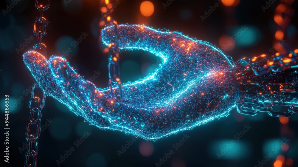 Poster glowing digital hand encased in chains, visually representing the struggle between data protection a
