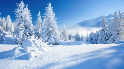 Winter Wonderland, a serene landscape featuring snow-laden pine trees, glistening under the warmth of a clear blue sky, evoking tranquility and seasonal beauty.