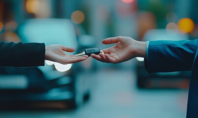 Car Dealership Handover: Young Female Sales Agent Presenting Vehicle Keys to Male Customer. Automotive Purchase, Lease, or Rental Service Concept. Business Transaction in Minimalist Setting for Car De