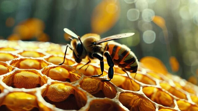 A bee on a honeycomb, displaying the structure of the hive
