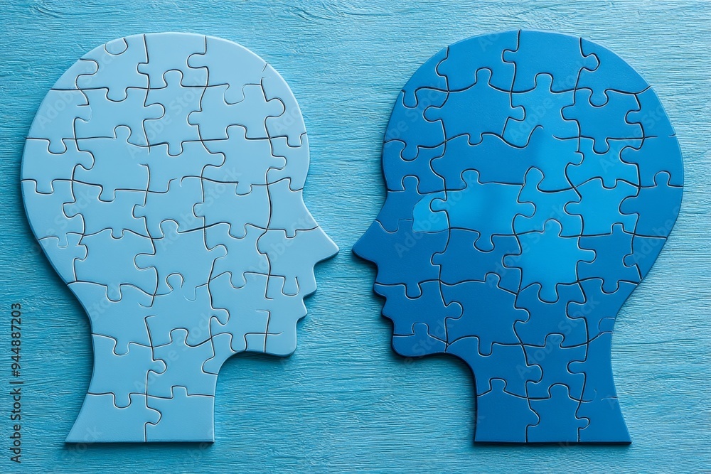 Poster blue puzzle head silhouettes facing each other depicting the complexity and interplay of cognitive p