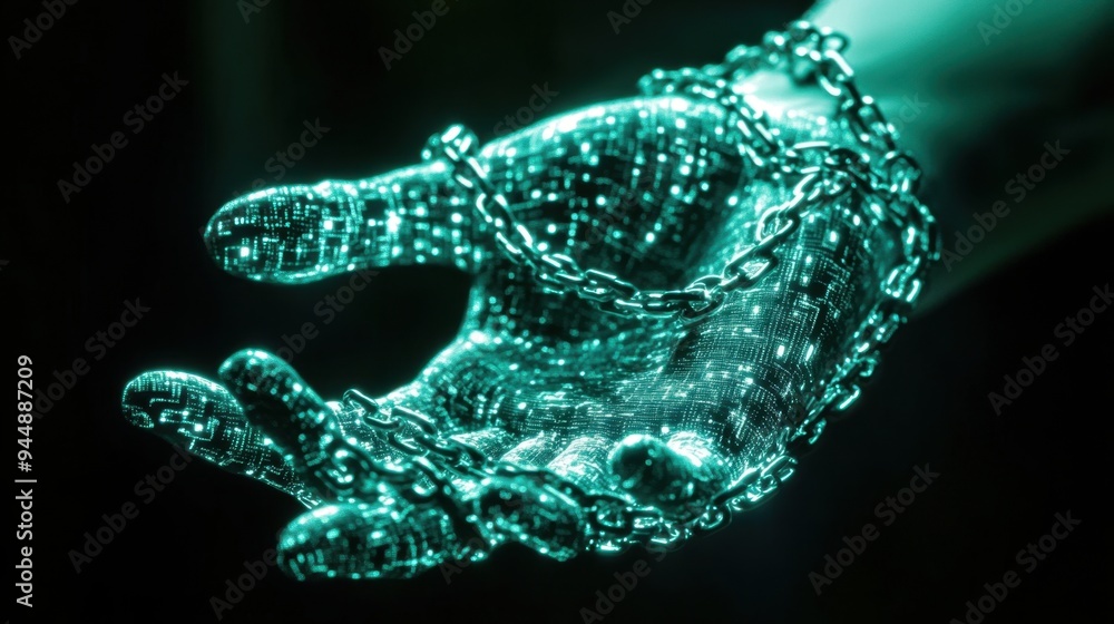 Poster glowing digital hand encased in chains, visually representing the struggle between data protection a